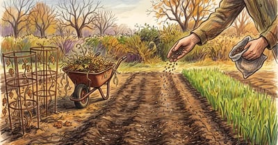 Gardener broadcasting cover crop seed over a cleared autumn vegetable bed with young cereal rye greening the neighbouring strip