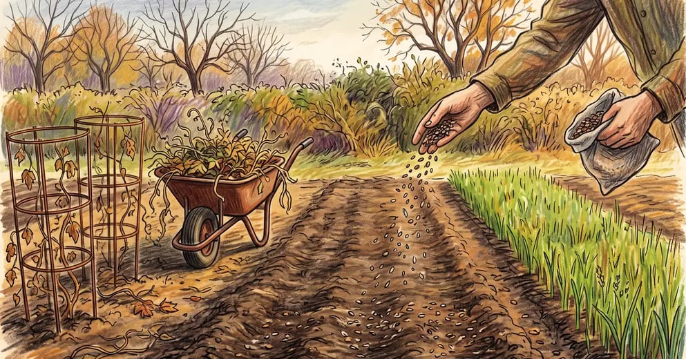 Gardener broadcasting cover crop seed over a cleared autumn vegetable bed with young cereal rye greening the neighbouring strip