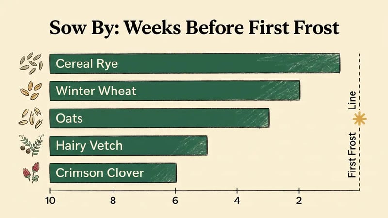 Infographic showing cover crop sowing deadlines in weeks before first frost for cereal rye, winter wheat, oats, hairy vetch and crimson clover