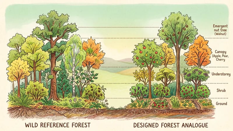 Cross-section diagram comparing a wild reference forest with a designed analog forest planting matching its five structural layers