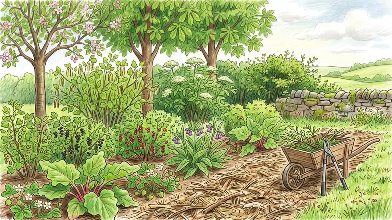 Temperate layered food system with apple and chestnut trees over hazel, currants and ground crops with fresh prunings mulched along the row