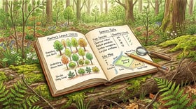 Open field notebook on a mossy log showing a hand-drawn analog forestry planting layout with labelled layers and a species tally