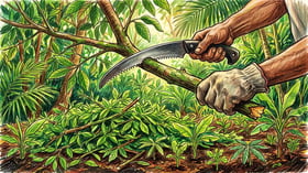 Hands pruning a pioneer tree branch with cut leafy material piled as mulch below and young crops emerging through it