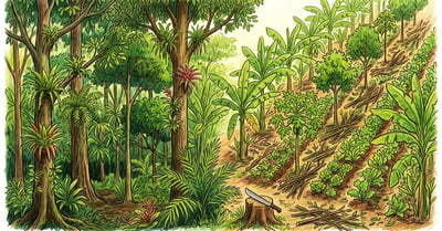 Split illustration contrasting a layered analog forest with a densely planted syntropic row system with pruned branches mulched between rows