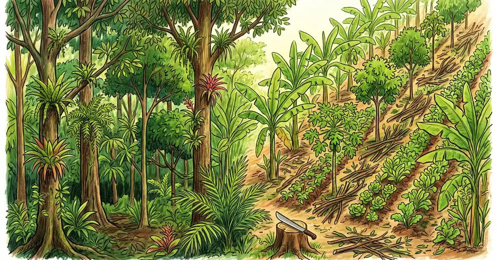 Split illustration contrasting a layered analog forest with a densely planted syntropic row system with pruned branches mulched between rows