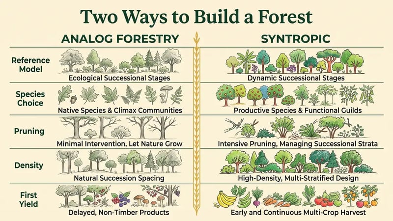 Infographic comparing analog forestry and syntropic agriculture across reference model, species choice, pruning, density and first yield