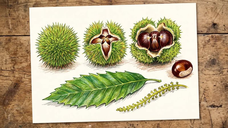 Botanical study of Chinese chestnut burs at three stages from closed spiny green to fully open showing three glossy brown nuts