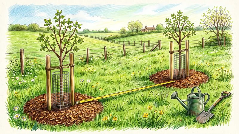 Two young Chinese chestnut trees newly planted and staked with wide wood chip mulch rings and a measuring tape showing spacing between them