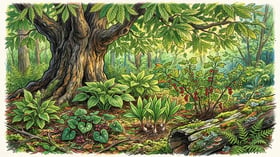 Shaded understorey beneath a chestnut canopy with currant bushes, hostas, wild ginger and ramps growing in dappled light and leaf litter