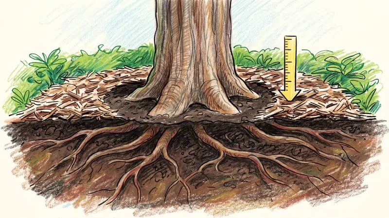 Cross-section of a correctly mulched tree ring showing a shallow even mulch layer pulled back from the trunk with the root flare visible