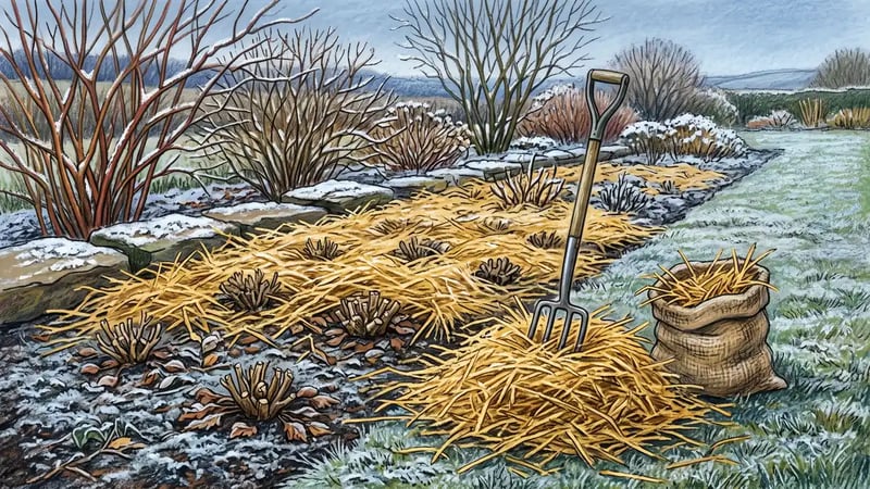Perennial bed being mulched with straw over frozen ground in late autumn with frost on the surrounding soil and dormant crowns