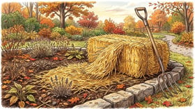 Straw bale beside a garden bed with loose straw spread over dormant crowns and a pitchfork resting against the bale