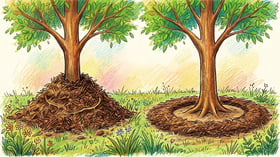 Comparison of a mulch volcano piled against a tree trunk beside a correctly formed flat mulch ring with a clear gap at the bark