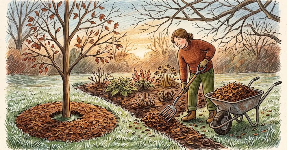 Gardener spreading shredded leaf mulch around dormant perennial crowns in a frosted late autumn garden bed
