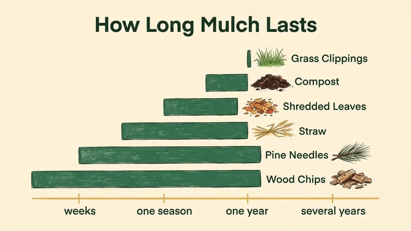 Infographic comparing fall mulch materials by longevity showing grass clippings, compost, shredded leaves, straw, pine needles and wood chips
