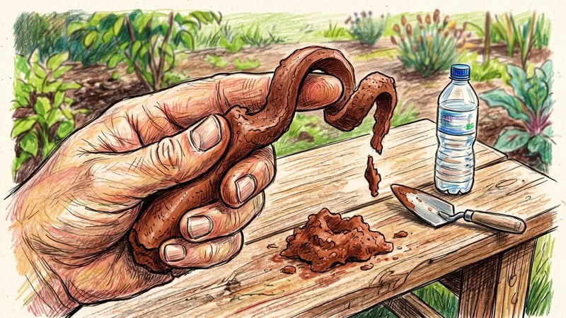 Hands performing the ribbon test on moist clay soil, pressing a soil cylinder into a long flexible ribbon between thumb and forefinger