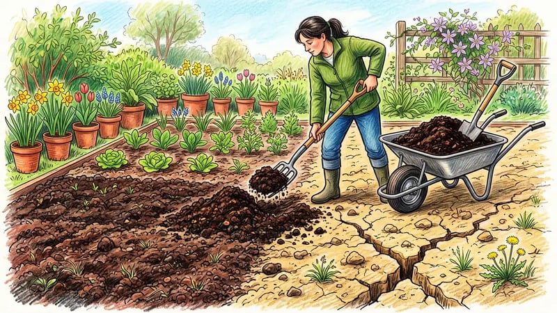 Garden bed on clay soil with compost being forked into the top layer beside an untouched section of cracked bare clay for comparison