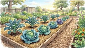 Well-spaced cabbage and kale plants growing in a mulched clay bed with generous gaps between plants for airflow