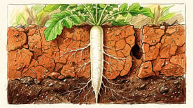 Cross-section showing a long white daikon radish taproot driving down through dense cracked clay soil into looser ground below