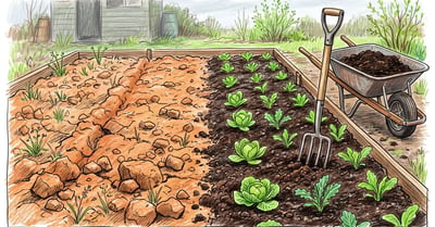 Garden bed on heavy clay showing cracked bare clay beside the same bed improved with compost and planted with cabbage seedlings