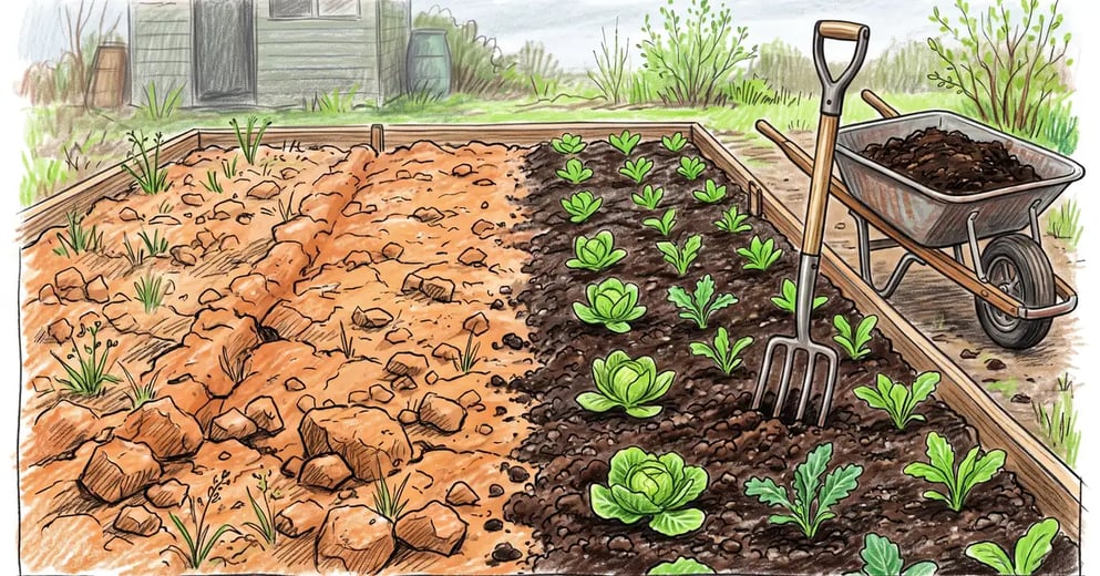 Garden bed on heavy clay showing cracked bare clay beside the same bed improved with compost and planted with cabbage seedlings