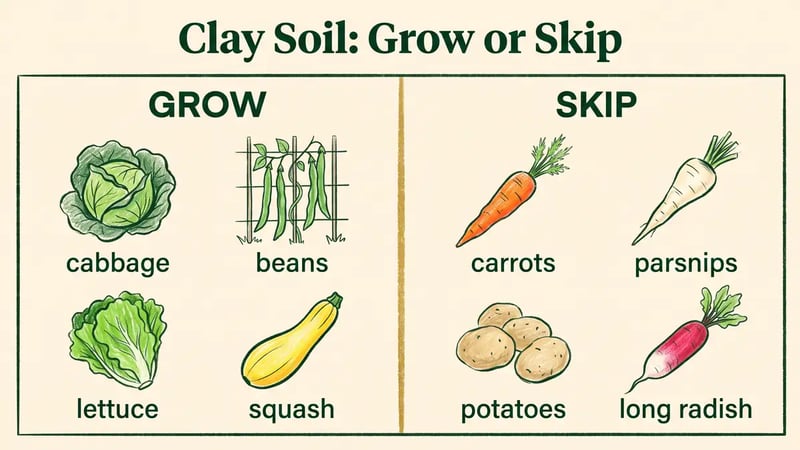 Infographic splitting vegetables into those that grow well in clay soil and those that struggle, grouped by root type