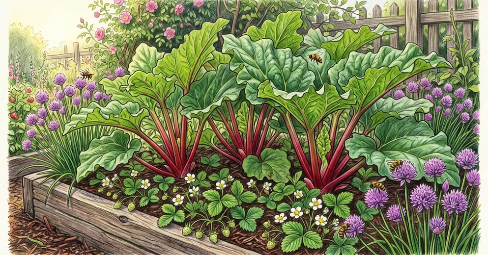 Backyard rhubarb patch with three mature crowns, a border of flowering chives and a spreading mat of strawberry plants in early summer