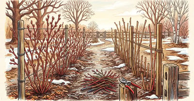 Freshly pruned backyard berry patch in late winter with bare blueberry stems, cut raspberry canes and a pile of prunings on frosted soil