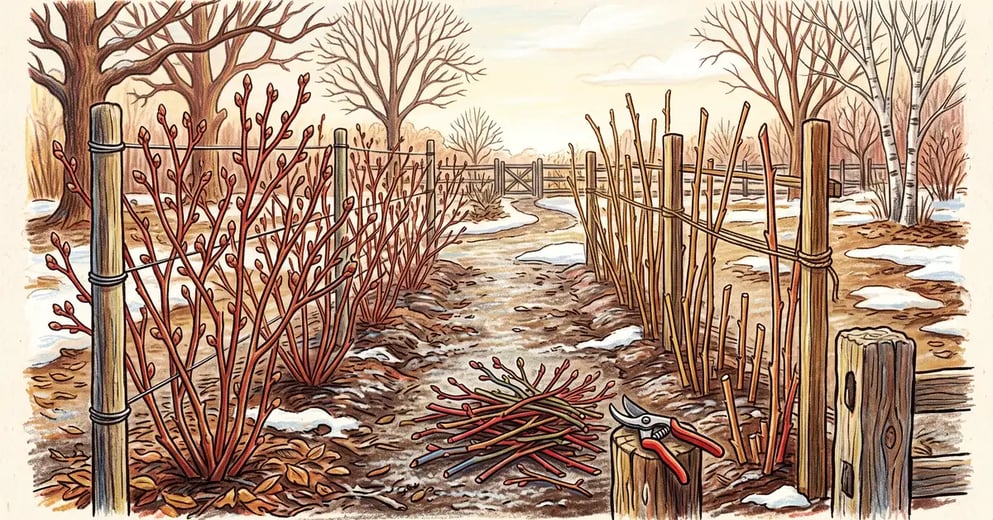 Freshly pruned backyard berry patch in late winter with bare blueberry stems, cut raspberry canes and a pile of prunings on frosted soil
