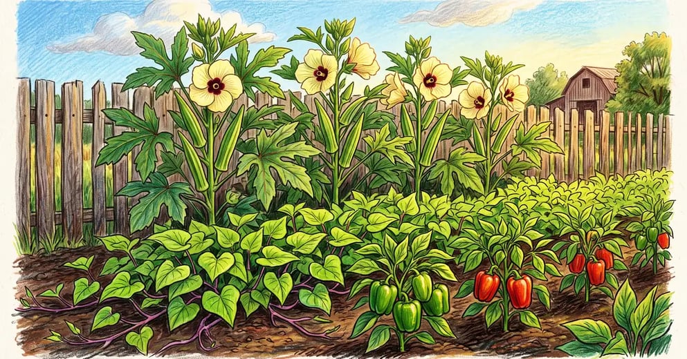 Summer Southern vegetable bed with tall flowering okra plants behind lower rows of sweet potato vine and bushy pepper plants