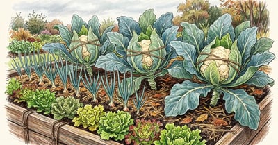 Fall vegetable bed with three large cauliflower plants, leaves tied over white curds, beside a row of onions and an edging of lettuce