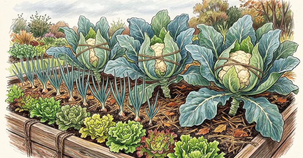 Fall vegetable bed with three large cauliflower plants, leaves tied over white curds, beside a row of onions and an edging of lettuce