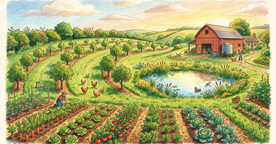 Working permaculture farm on rolling land with a market garden, contour rows of fruit and nut trees, a pond and free-ranging chickens