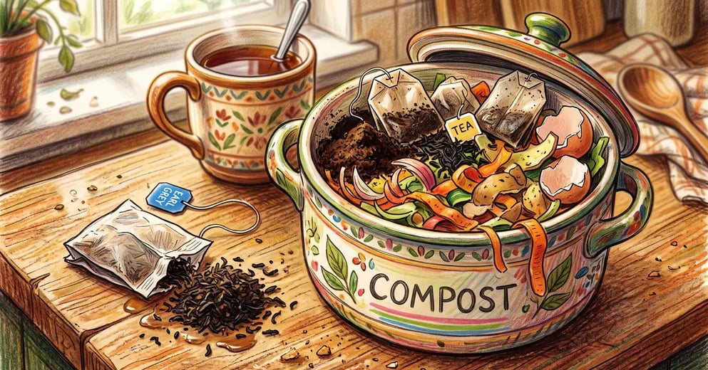 Open kitchen compost caddy holding used tea bags, loose tea leaves, coffee grounds and vegetable peelings, with one torn-open bag beside it