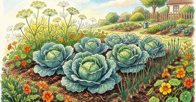Pencil-crayon illustration of a cabbage patch with dill, nasturtium, and onion companion plants in morning light