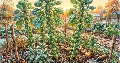 Pencil-crayon illustration of frosted Brussels sprout stalks in an autumn garden with sage and onion companion plants