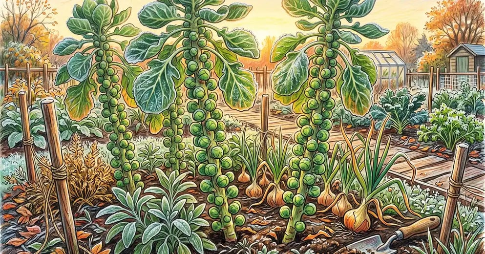 Pencil-crayon illustration of frosted Brussels sprout stalks in an autumn garden with sage and onion companion plants