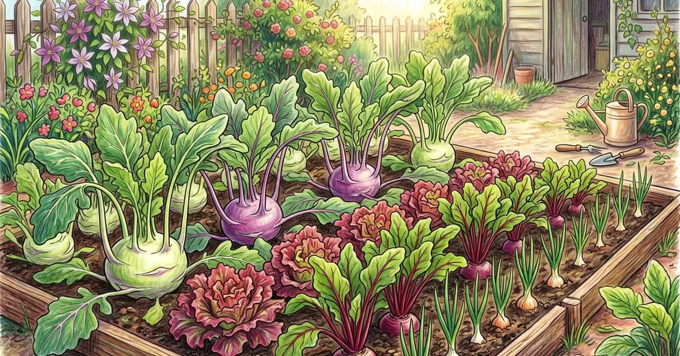 Pencil-crayon illustration of green and purple kohlrabi interplanted with red lettuce, beets, and onions in a garden bed