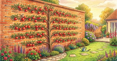 Pencil-crayon illustration of an espaliered apple tree trained in horizontal tiers against a brick wall with red apples