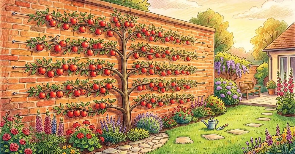 Pencil-crayon illustration of an espaliered apple tree trained in horizontal tiers against a brick wall with red apples