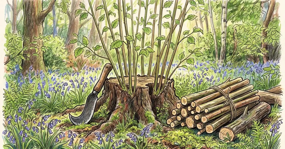 Pencil-crayon illustration of a coppiced hazel stool with young straight shoots, cut poles, and a billhook in a woodland clearing