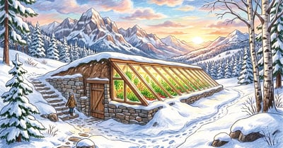 Pencil-crayon illustration of a walipini underground greenhouse with sloped glazing glowing with green plants in a snowy landscape