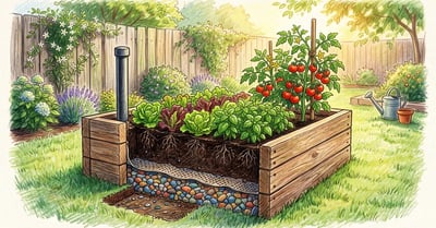 Cutaway view of a timber wicking bed showing the gravel water reservoir, fabric layer, soil and vertical fill pipe, planted with lettuce and tomatoes