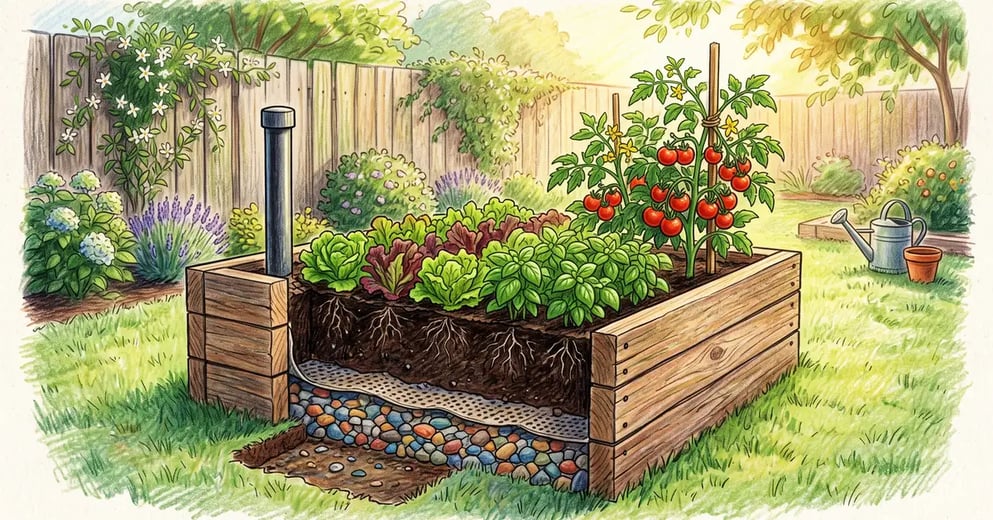 Cutaway view of a timber wicking bed showing the gravel water reservoir, fabric layer, soil and vertical fill pipe, planted with lettuce and tomatoes