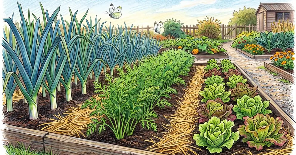 Autumn vegetable bed with a row of tall blue-green leeks growing beside feathery carrot tops and lettuce, with straw mulch between the rows
