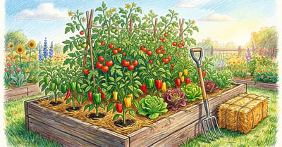 Wooden raised garden bed planted with tomatoes and lettuce under an even layer of golden straw mulch pulled back from each stem