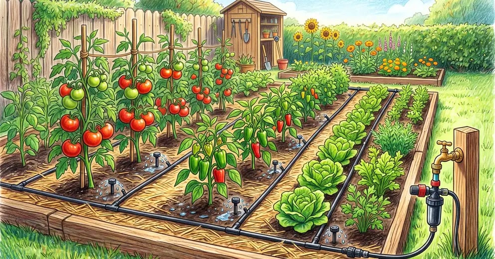 Backyard vegetable garden with black drip tubing running along beds of tomatoes and lettuce, with a filter and pressure regulator at the hose bib