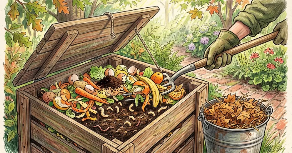 Open backyard compost bin showing kitchen scraps with pale larvae among them and a gardener holding a fork ready to turn the pile