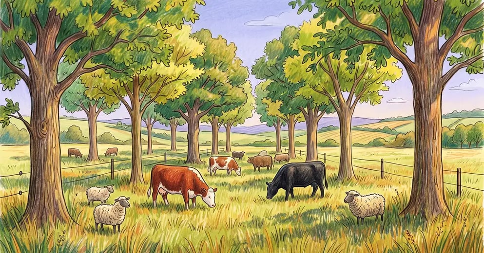 Widely spaced oak and honey locust trees over open pasture with cattle and sheep grazing in dappled shade in a managed silvopasture
