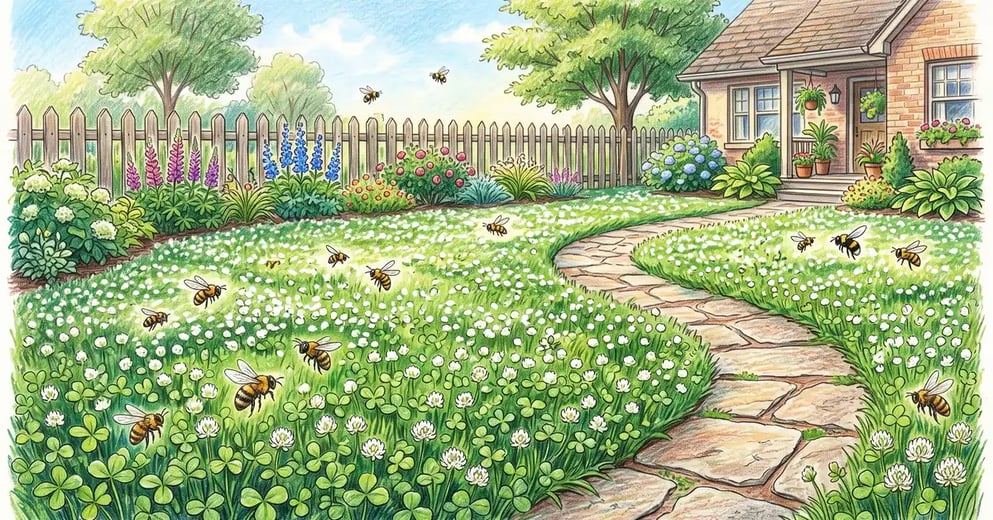 A suburban front yard planted as a white clover lawn, dense green trifoliate foliage dotted with white blossoms and visiting bees